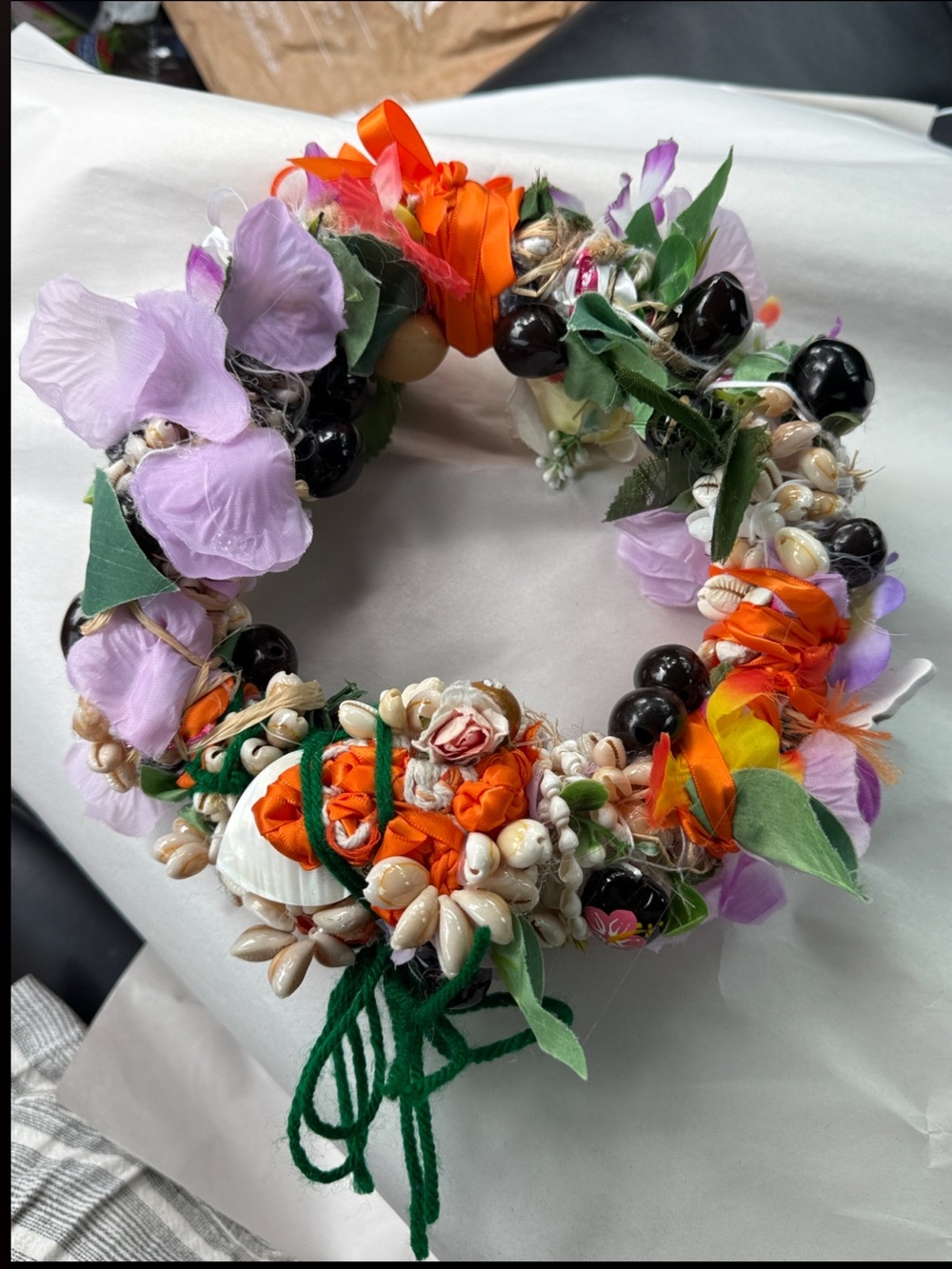 Hand Crafted Floral Shell and Bead Wreath in Orange, Lavender, Green, Black